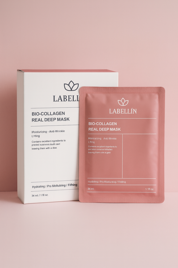 Bio-Collagen Real Deep Mask – Box und Sachet auf rosa Hintergrund | Labellin